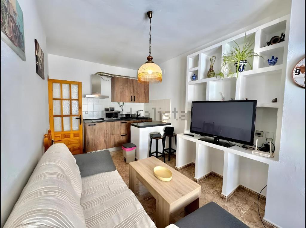 a living room with a couch and a tv at Apartamento Rey Melchor in Trevélez