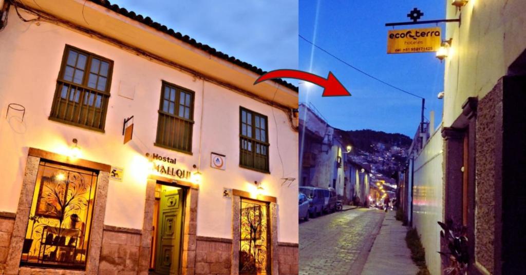 a red arrow pointing to a building on a street at Hotel-Ecoterra Cusco in Cusco