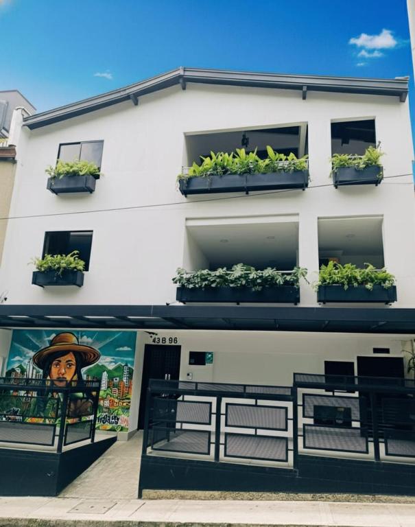a white building with potted plants on the windows at Vida Hostel in Medellín