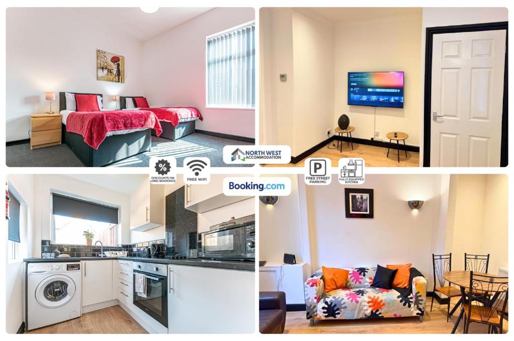 a collage of photos of a kitchen and a living room at Fully Furnished 3 Bedroom House in Preston with Free Parking in Preston