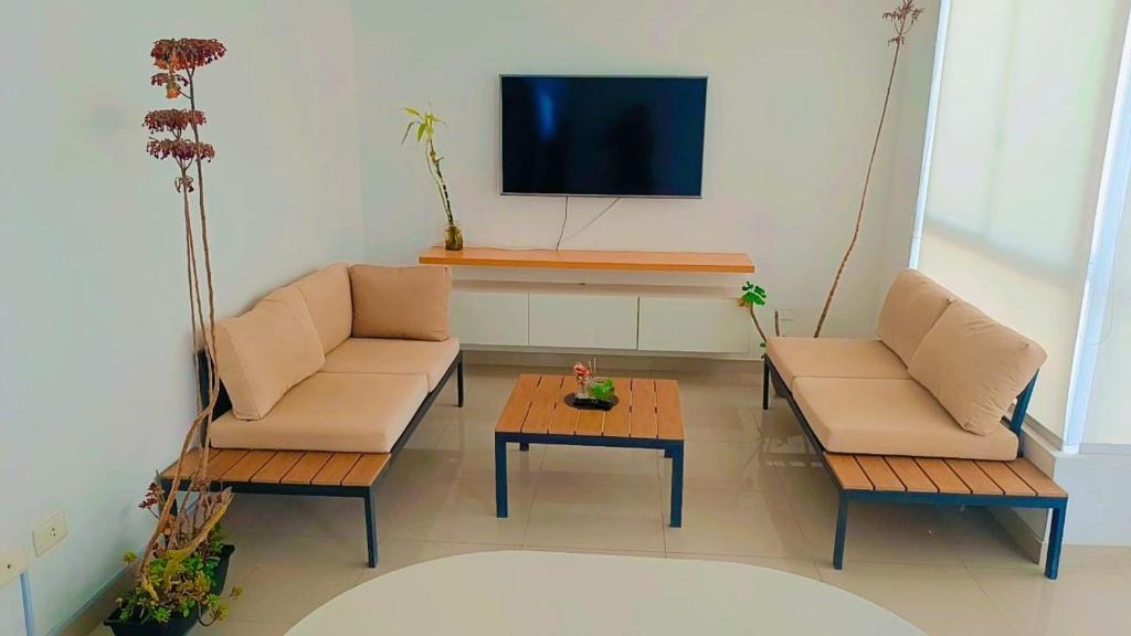 a living room with two couches and a tv at Departamento con cochera - Condominio Las Flores in Ica