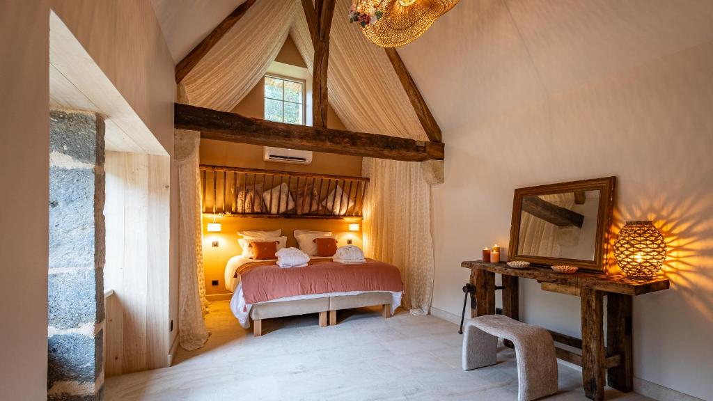 ein Schlafzimmer mit einem Bett und einem Spiegel in einem Zimmer in der Unterkunft Au fil de l'O in Semur-en-Auxois