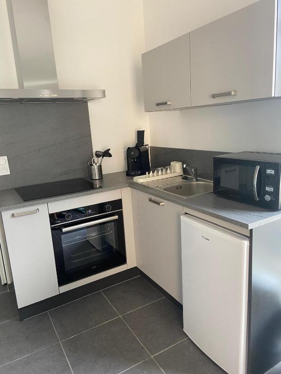 a kitchen with a microwave oven and a sink at Ampuis centre - Appartement indépendant in Ampuis