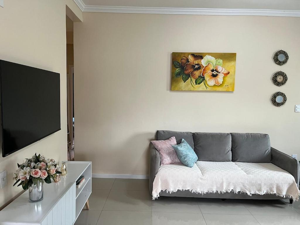 ein Wohnzimmer mit Couch und Flachbildfernseher in der Unterkunft Casa da Lelê in Vila Velha
