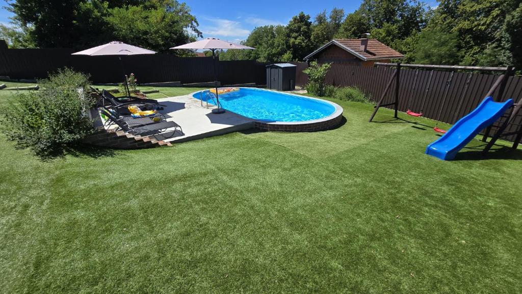 a backyard with a swimming pool and a slide at Villa Aurora in Hrebinec