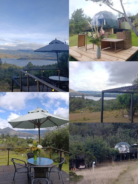 a collage of photos with a table and an umbrella at Glamping El Refugio in Guatavita