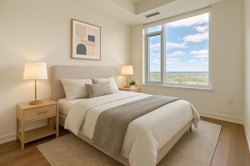 ein weißes Schlafzimmer mit einem Bett und einem großen Fenster in der Unterkunft Paradise - 2 Bedroom modern, cozy and luxury living in Mississauga