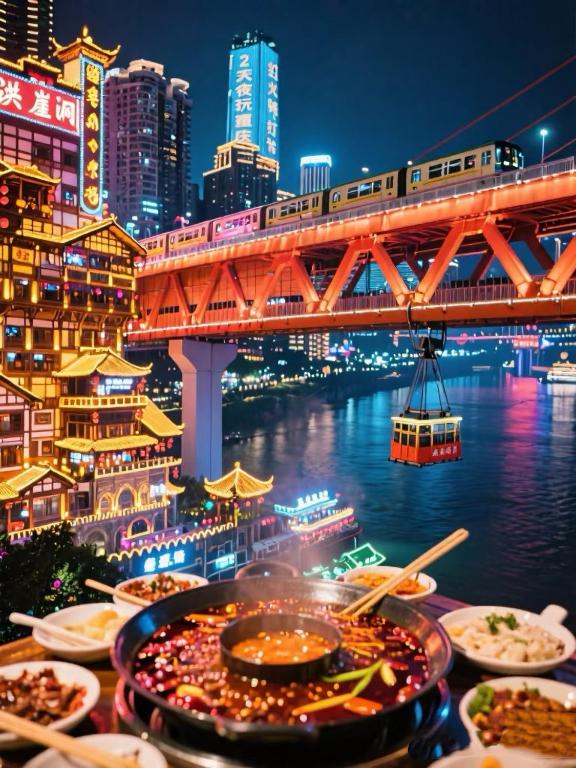 un bufé de comida en una mesa frente a un puente en Chongqing Shapingba High-speed Railway Station Sanxia Plaza Enji M Hotel, en Shapingba