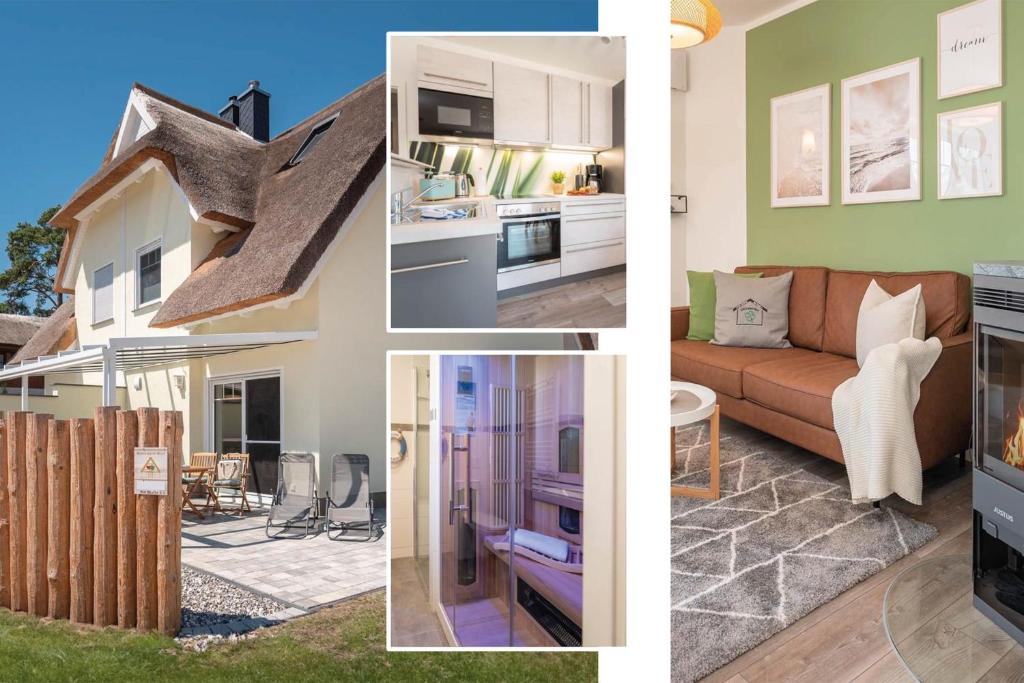 a collage of four pictures of a house at Ferienhaus Glück unter Reet in Zirchow