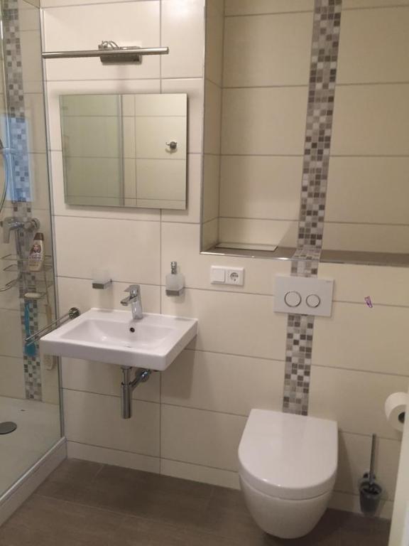 a bathroom with a sink and a toilet and a mirror at Messeapartment Hahnenkamp in Hemmingen