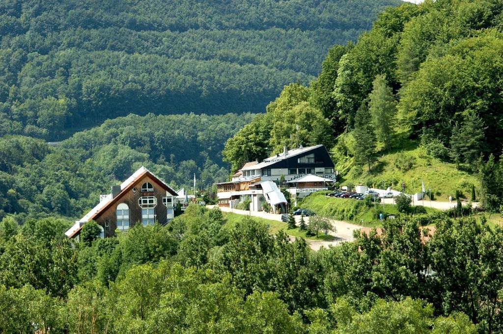 un grupo de casas en una colina con árboles en Akzent Hotel Höhenblick, en Mühlhausen im Täle