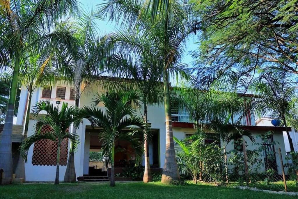 基苏木Cozy Studio-Garden Pool Restaurant, 5 mins to CBD的一座白色的房子，前面有棕榈树