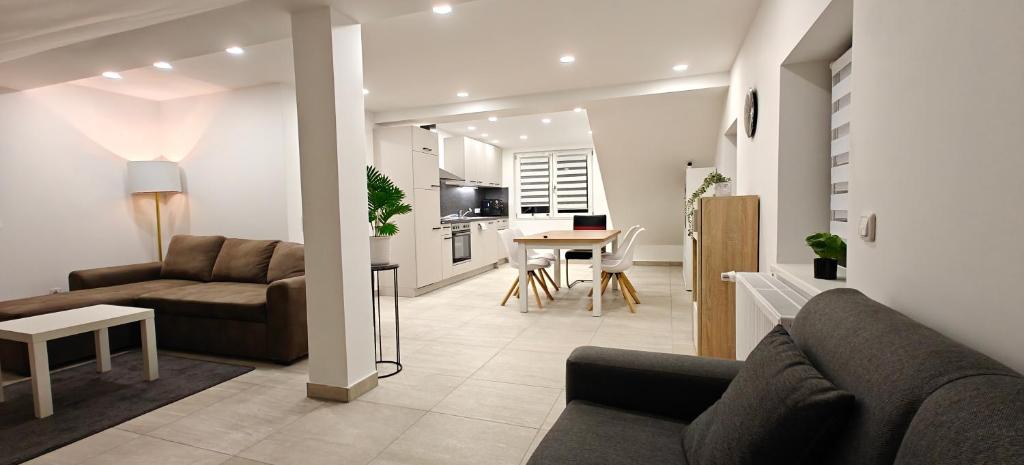 Una sala de estar con dos sofás y una mesa. en Seenland Getaway - Haus am Berg, en Pleinfeld