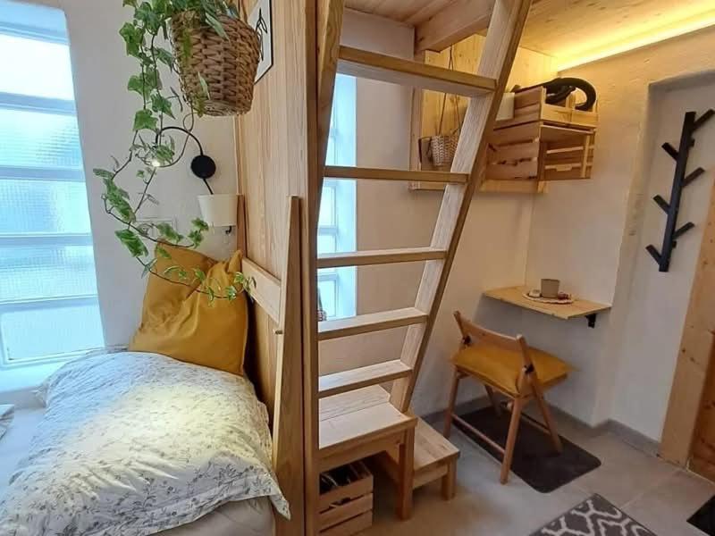 - une petite chambre avec des lits superposés et une échelle dans l'établissement Eichenhäuschen - Tinyhouse im Weinviertel, à Kleinstelzendorf
