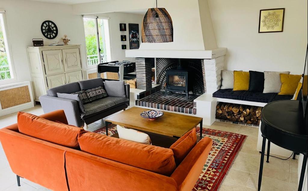 Mailly-le-ChâteauにあるVilla Bellevueのソファと暖炉のあるリビングルーム