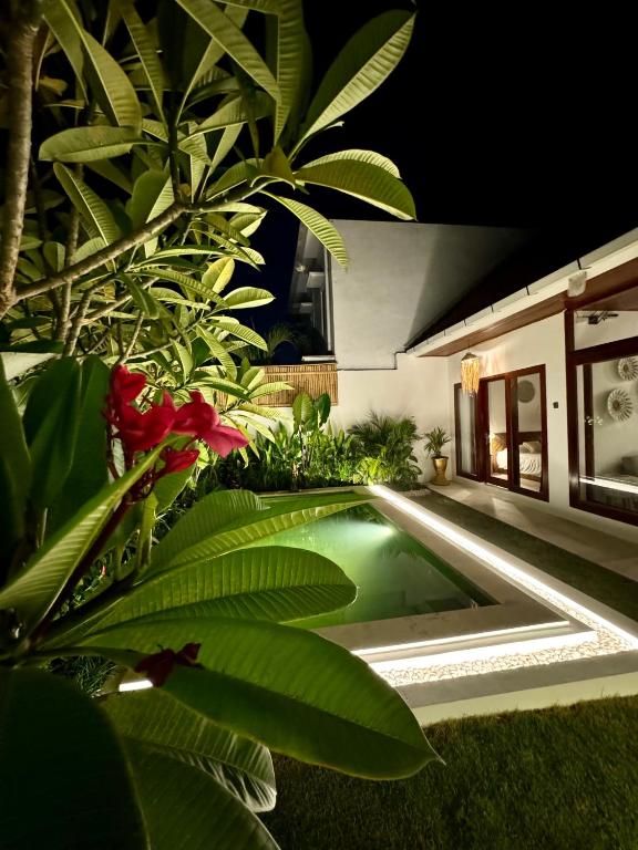 a pool in the backyard of a house at night at Villa Licia - Seseh area in Balian