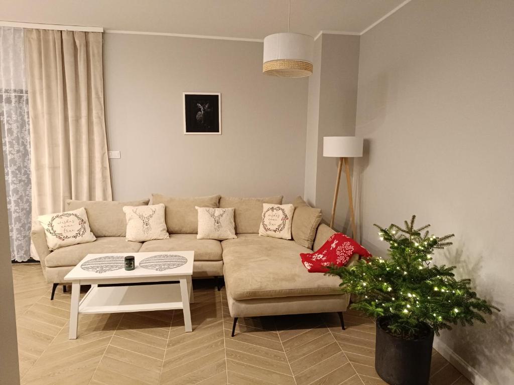 a living room with a couch and a table at Apartament Ustrońska Jodełka z Balią i Ogrodem-Nadrzeczna in Ustroń
