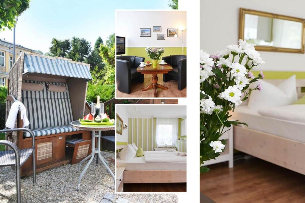een collage van foto's met een bed en een kamer bij Haus Lindenstraße (051) An den Linden in Heringsdorf