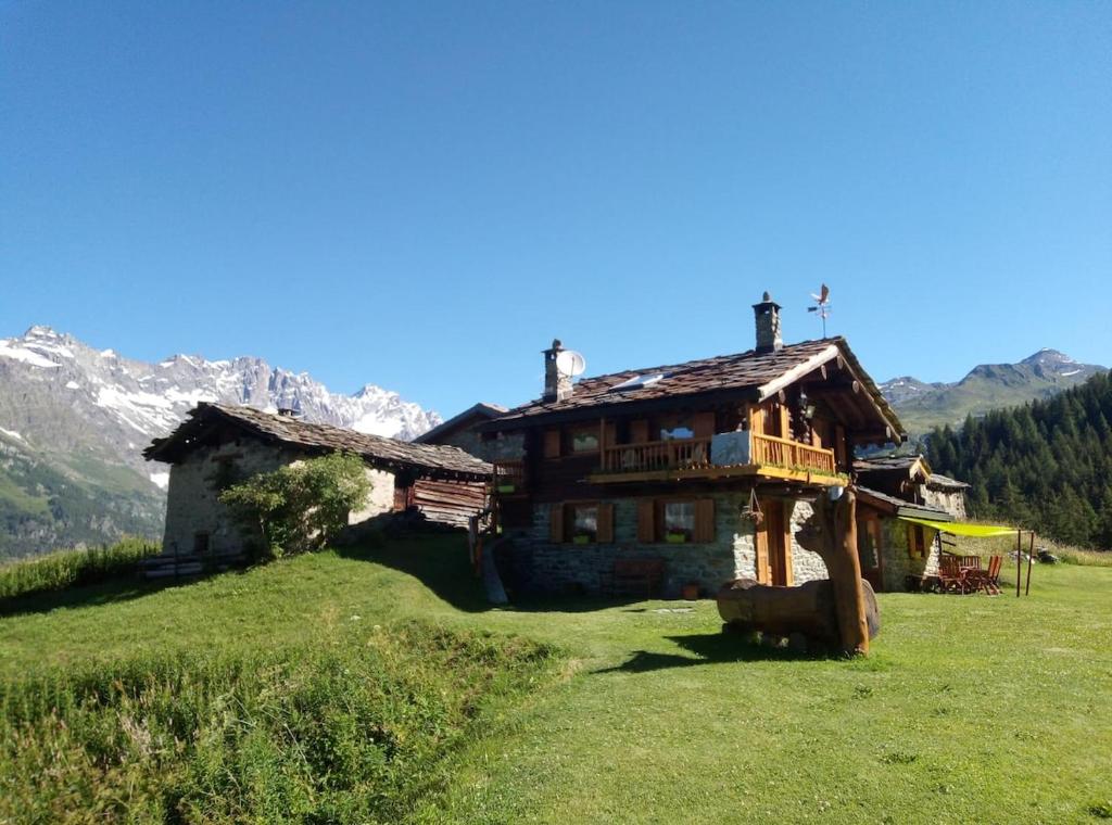 a wooden house on a hill in a field at Le Pailler in Valtournenche