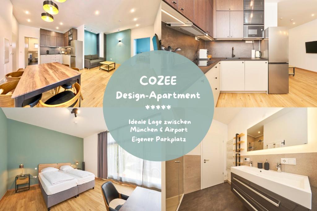 a collage of photos of a kitchen and a living room at COZEE - Design-Wohnung mit Parkplatz zwischen München und Flughafen MUC in Ismaning