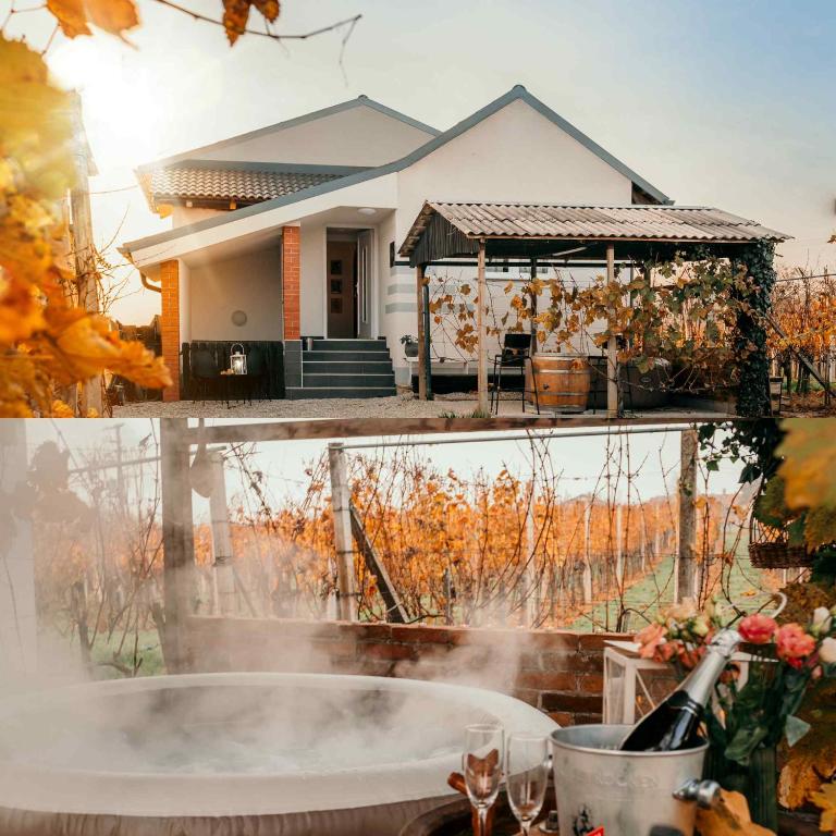 a hot tub in front of a house at Hiška pri Paulu in Dobrovnik