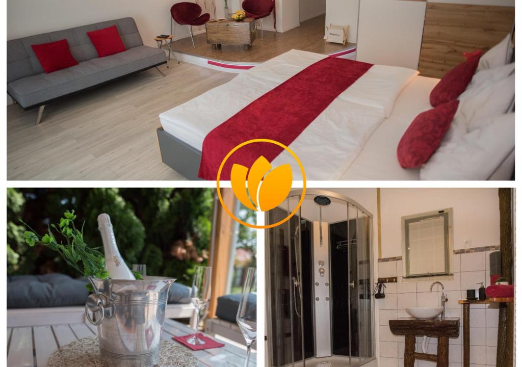 MesteriEHM - Modernes Apartment nahe Therme & Natur的一间带床的卧室和一间客厅