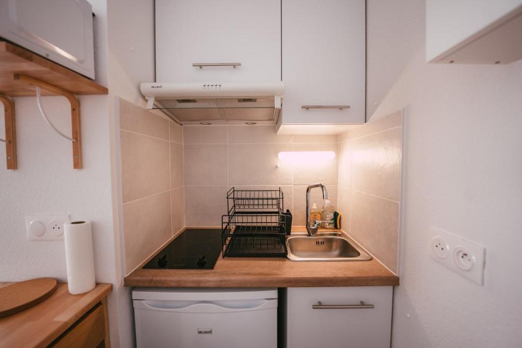 eine kleine Küche mit einer Spüle und einer Theke in der Unterkunft Mon joli studio - Pessac in Pessac