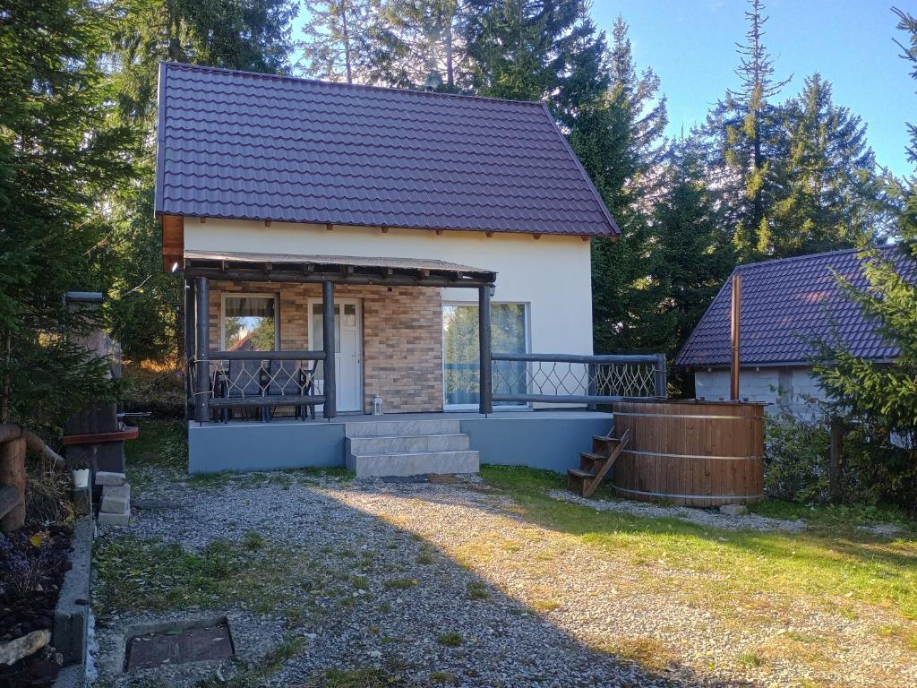 a tiny house in a yard with a porch at Casa Fresh in Sântimbru-Băi