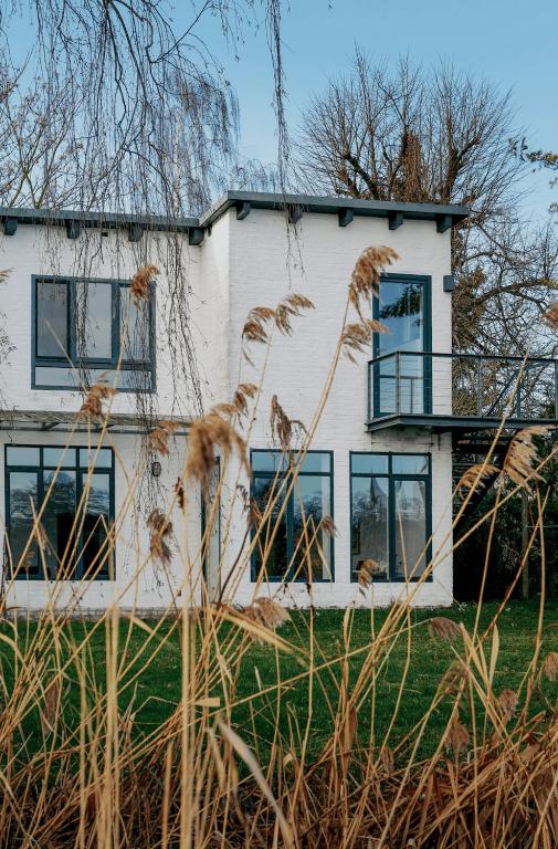 a white house with blue windows and grass at Im Scheunhornweg in Werder