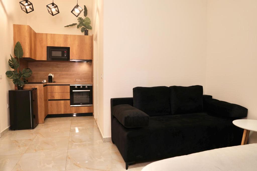 a living room with a black couch and a kitchen at Luxe Living Studio in Tirana