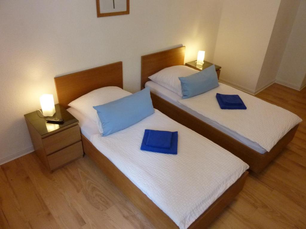 デュッセルドルフにあるレッシング アパートメントの青い枕が備わる客室内のベッド2台
