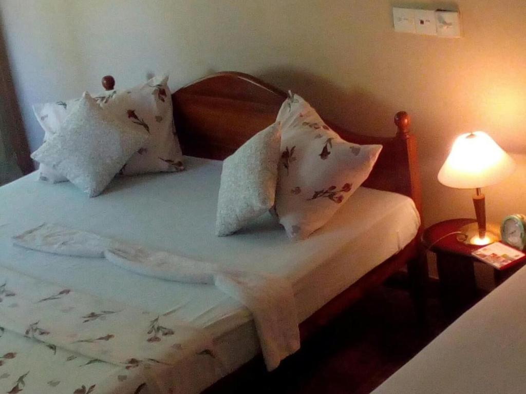 a bedroom with a bed with pillows and a lamp at Mimosha holiday inn in Godapola