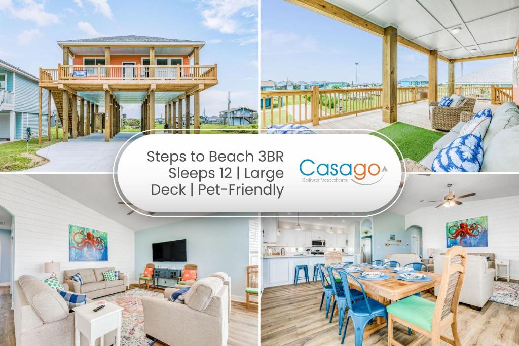 a collage of photos of a beach house at Paradise Steps to Beach Large Deck Dog Haven in Crystal Beach