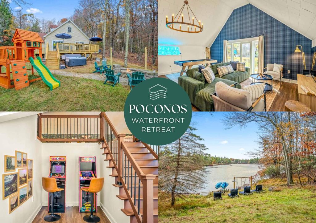 a collage of photos of a home with a playground at Long Pond Lakeside Kayaks Hot Tub Playground in Emerald Lakes