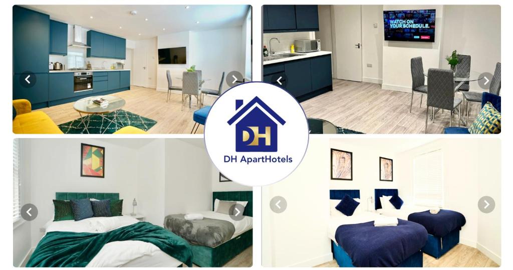 ハンティンドンにあるTrinity Apartments - 2 Bed Apartment - Spacious - Modern - 30 Seconds from High Streetの台所とリビングの絵画のコラージュ