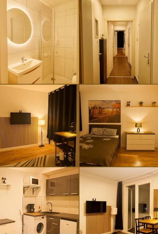 a collage of photos of a bedroom and a bathroom at CityNest Hannover O5 in Hannover