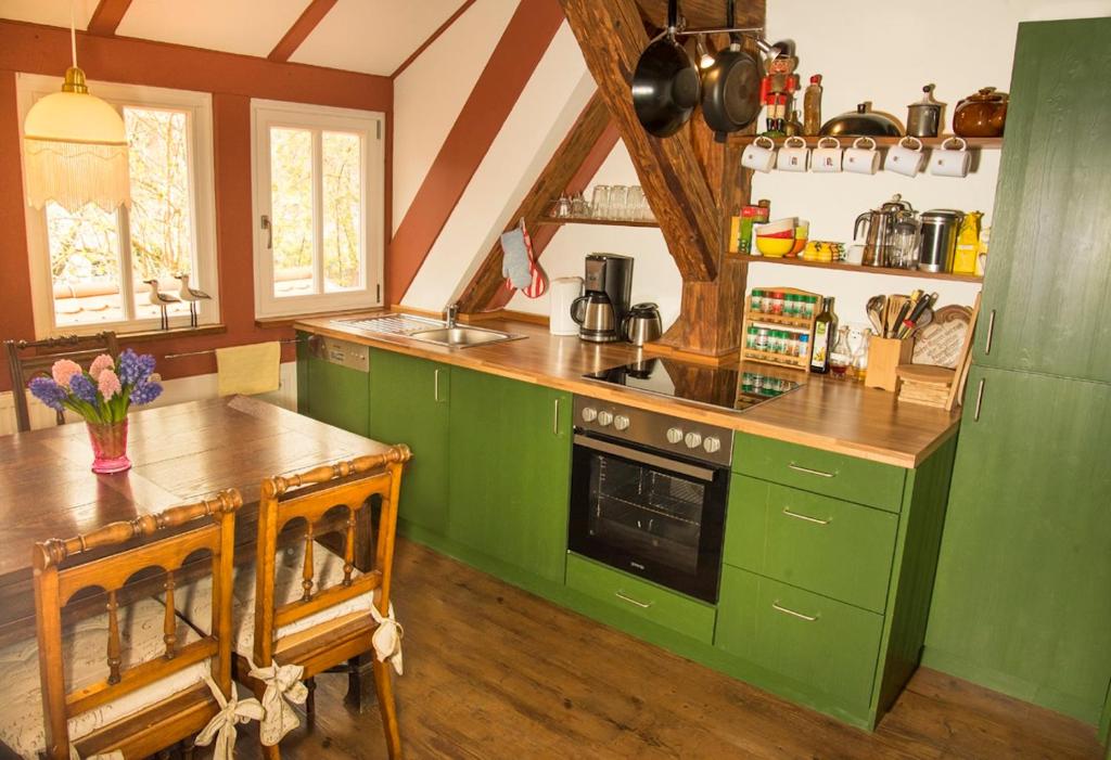 a kitchen with green cabinets and a wooden table at RefuKium Altstadtscheune - Zentral in Weißenburg in Weißenburg in Bayern
