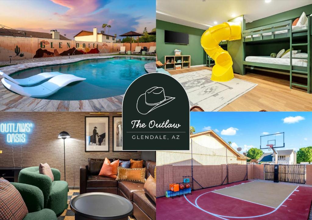 a collage of pictures of a house with a pool at Slide into Fun Pool Games Fire Pit Sport Court in Glendale
