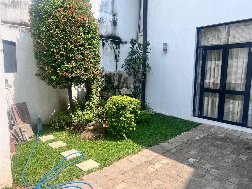 un jardin avec un tuyau en face d'une maison dans l'établissement Colombo 6 Kiruapone apartment, à Gangodawila
