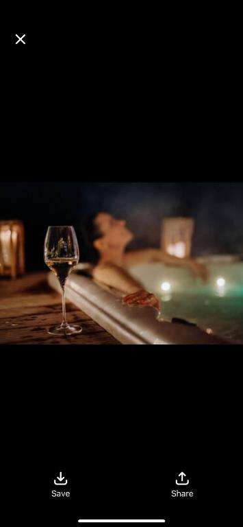 a glass of wine sitting next to a magazine at SEAS THE DAY Hottub Pets in Gibsons