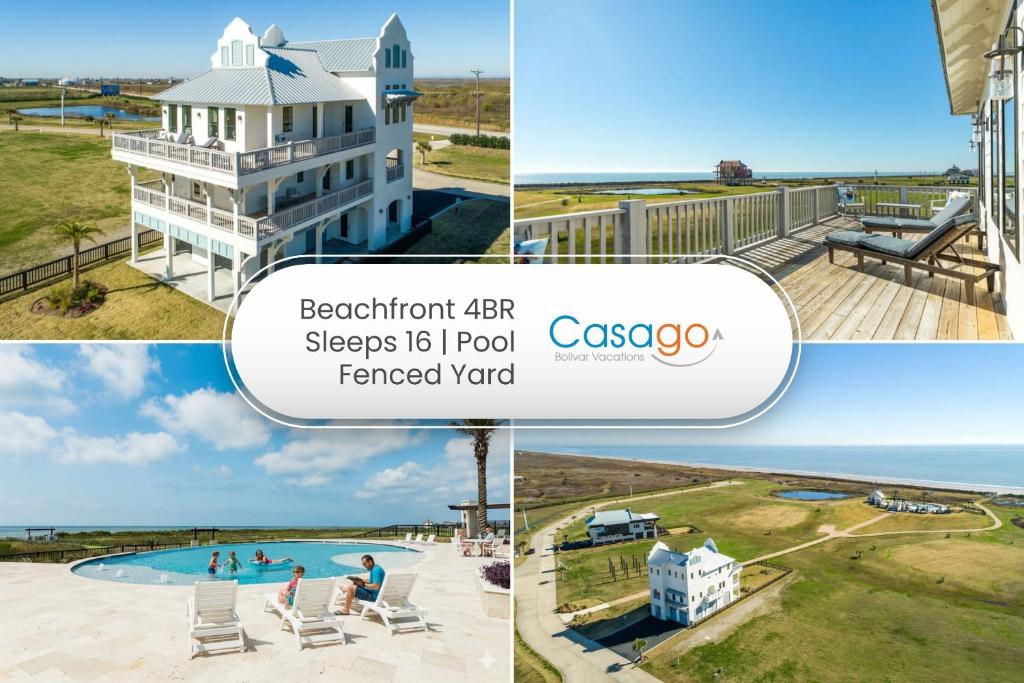 Eine Collage von Bildern eines Strand-Sternenschlafplatzes ist ein Pool in der Unterkunft Luxury Gulf Views Pool Exclusive Villa in Bolivar Peninsula