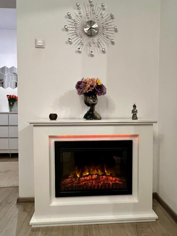a fireplace in a living room with a vase of flowers at Central Vibe in Curtea de Argeş