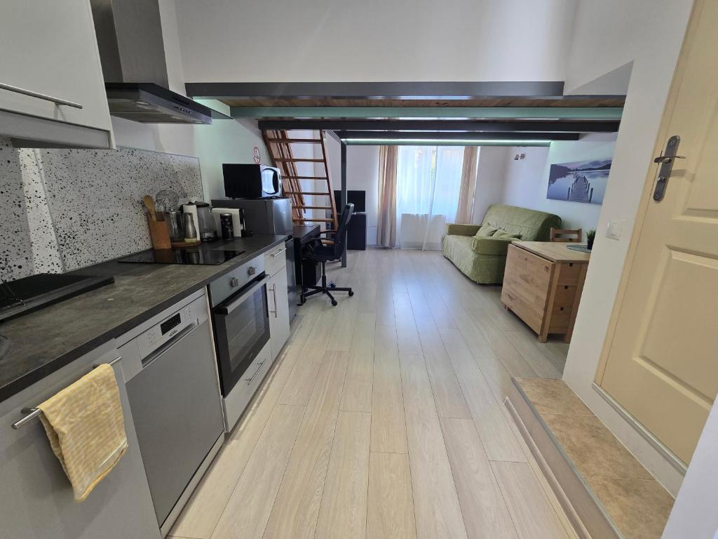 a kitchen and living room with a counter top at Studio cosy avec mezzanine & parking 2min Walibi in Les Avenières