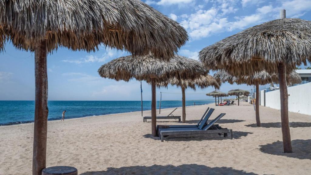 ein Strand mit Stühlen und Strohschirmen und das Meer in der Unterkunft Splash in The New Lazy River and Sleep In Luxury Encantame Velero 1103 in Playa Encanto