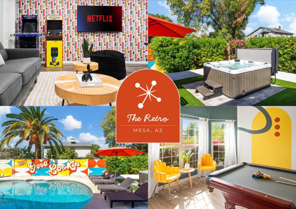 a collage of photos with a pool table and a hotel at Epic Mesa Getaway - Pool - Hot Tub - Game Room in Dobson Ranch