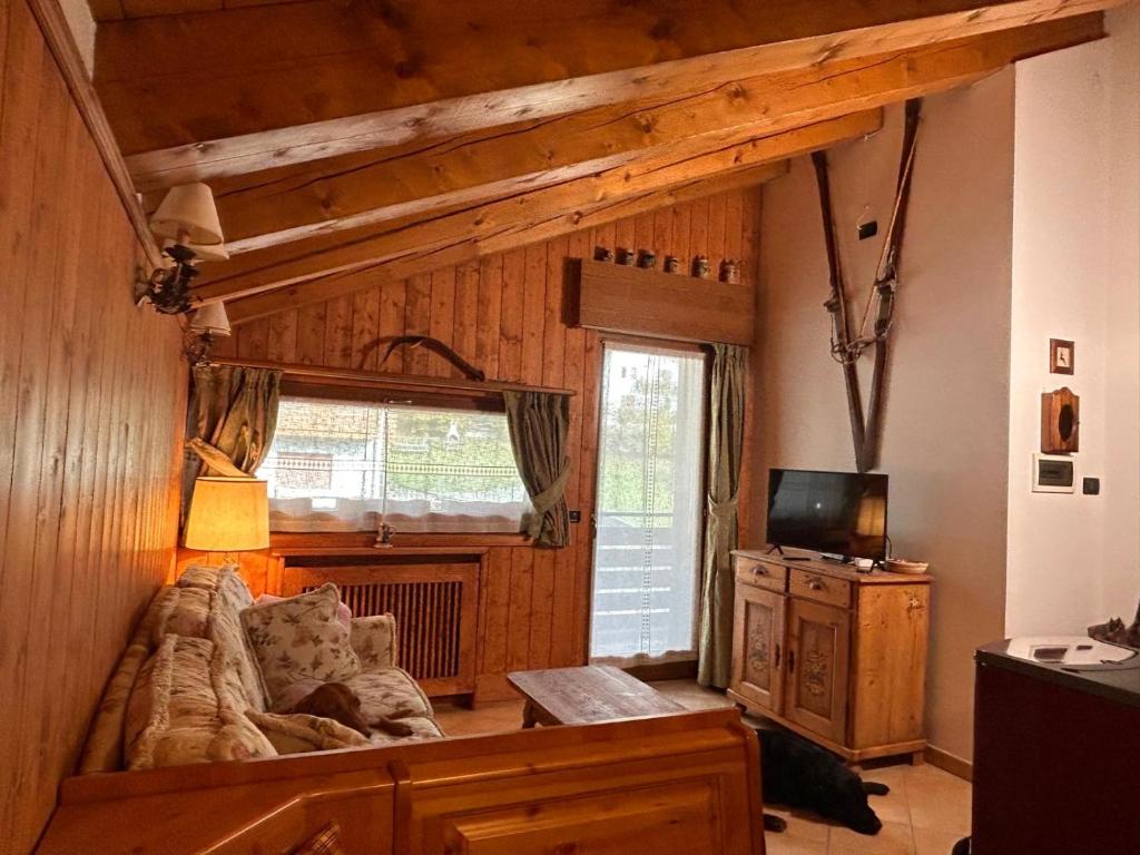 a living room with a couch and a tv in it at Mountain Adventure Flat in Pieve di Cadore