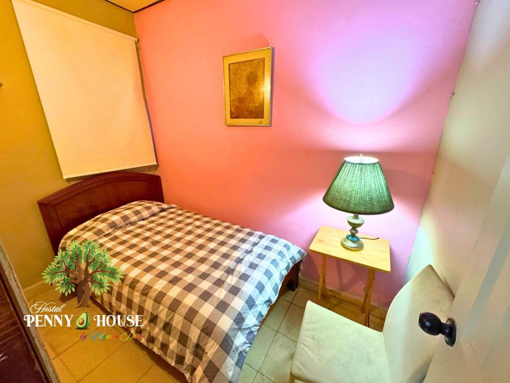a small bedroom with a bed and a lamp at Penny House Hostal in David