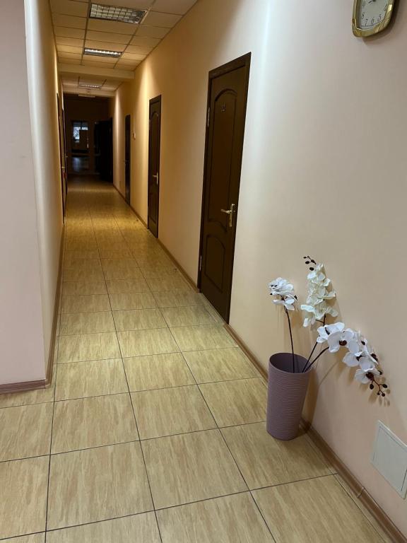 a hallway with a plant in a vase on the floor at Seven Hotel VIP in Korostenʼ
