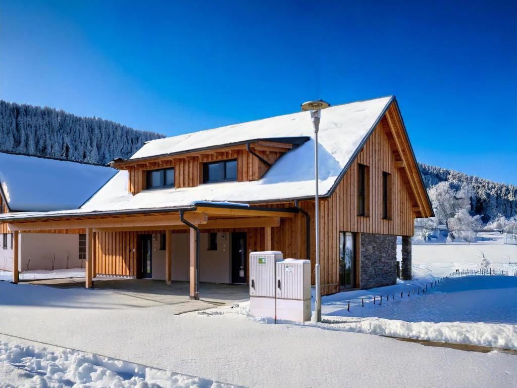 une maison avec de la neige sur le toit dans l'établissement Mountain Chalet Aquarius 5B, à Sankt Lorenzen ob Murau
