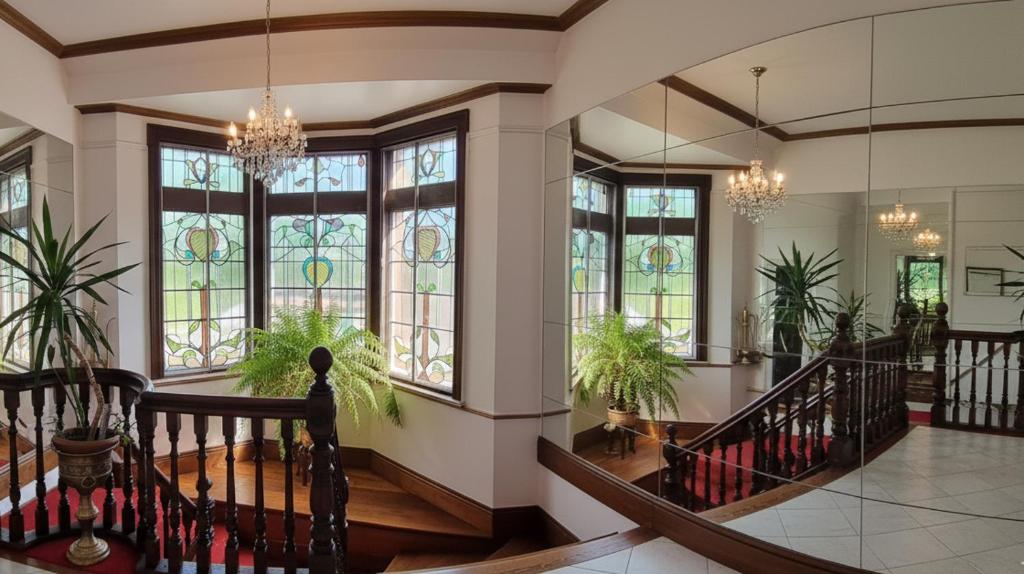 a lobby with a staircase and stained glass windows at Glasgow Grand Central House in Glasgow